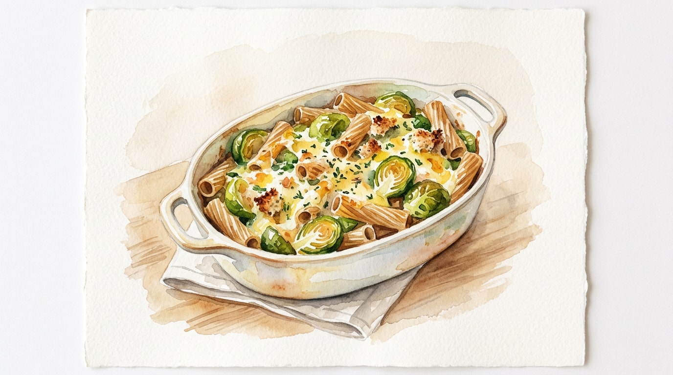Alpine-Style Wholewheat Tortiglioni and Brussels Sprout Bake