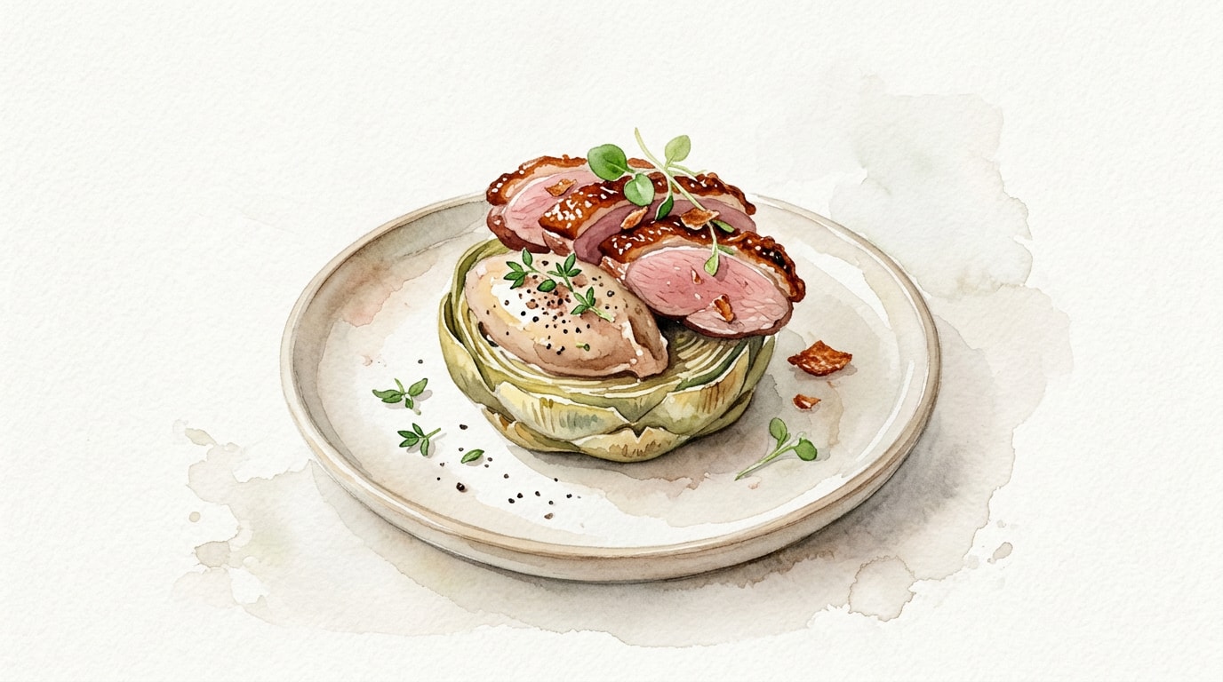 Artichoke Fond with Duck Liver Parfait and Crispy Smoked Duck