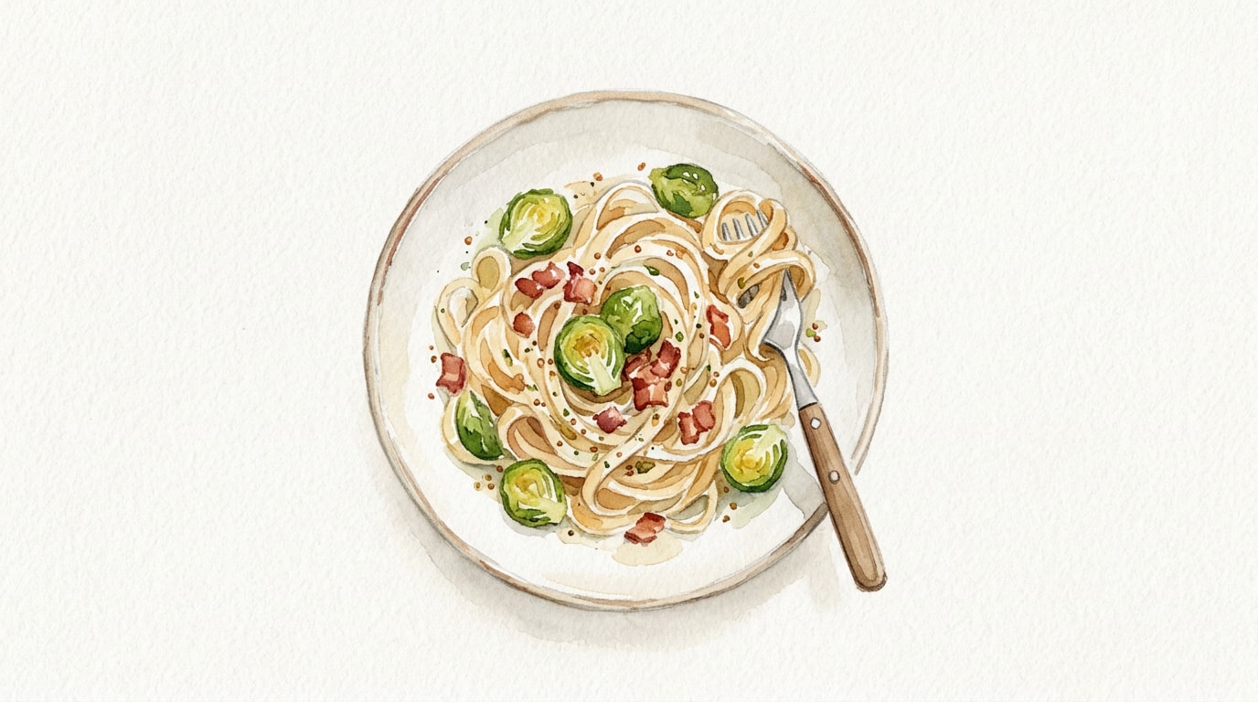 Bacon and Brussels Sprout Pasta with Mustard-Cider Vinaigrette