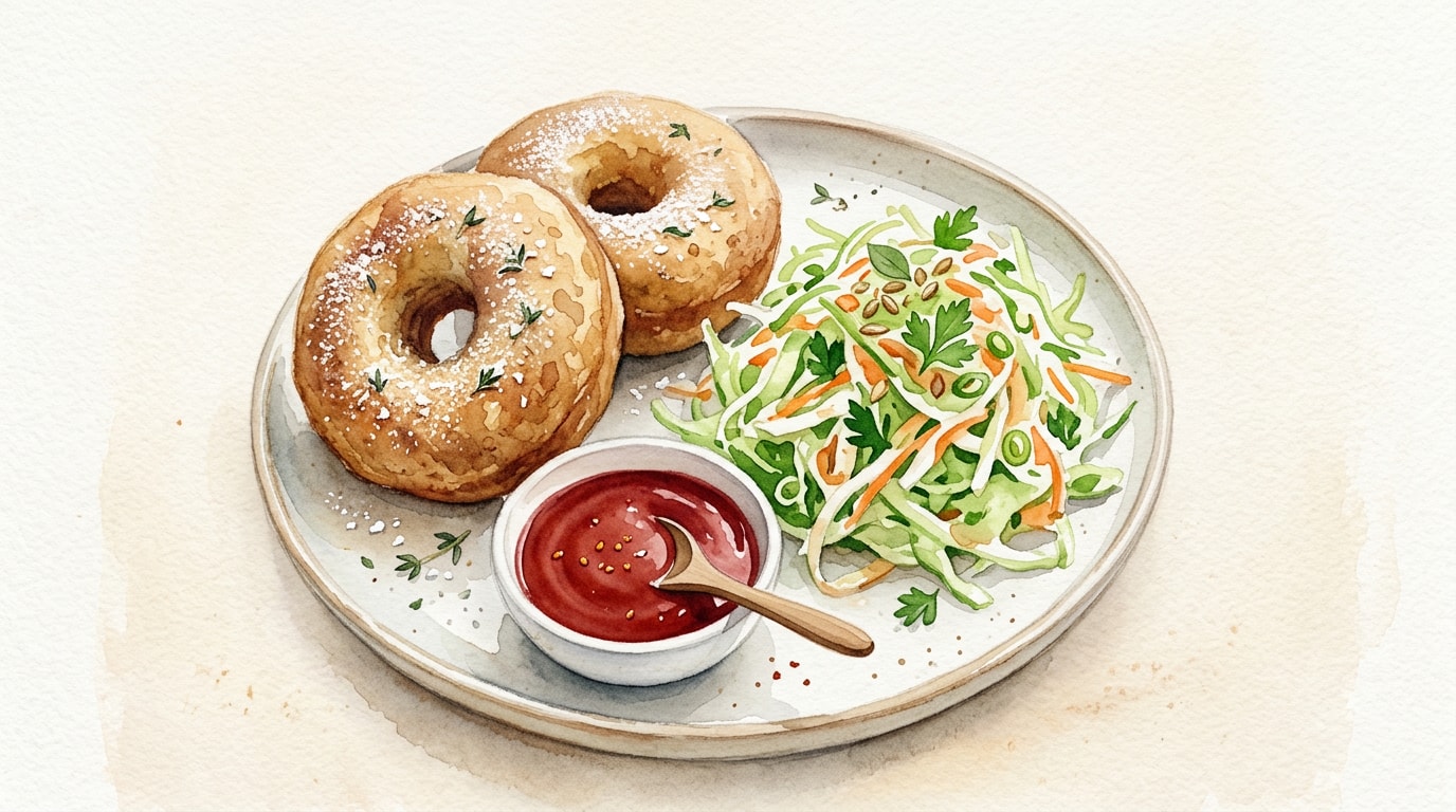 Baked Duck Confit Doughnuts with Spicy Ketchup and Kohlrabi Slaw