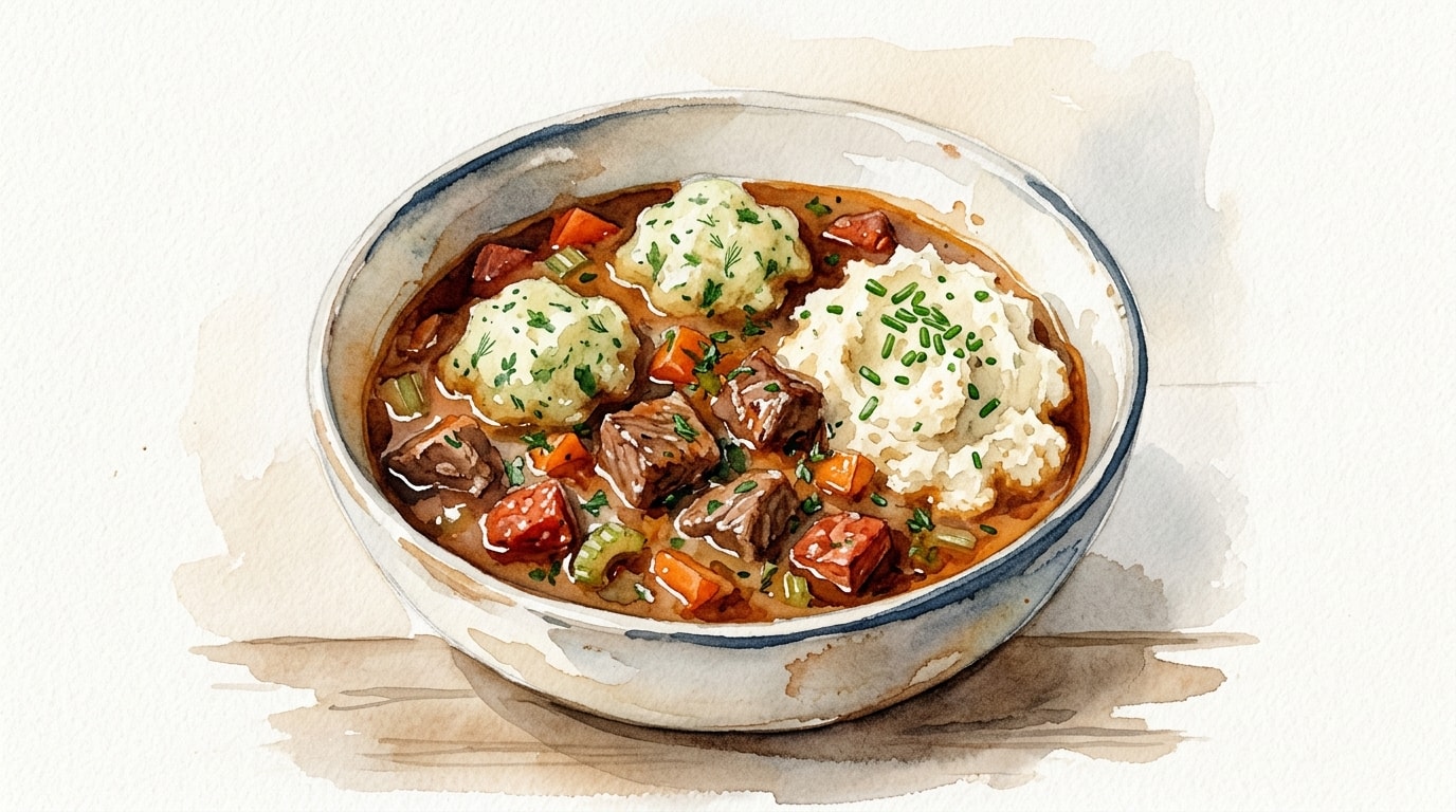 Beef And Chorizo Stew With Horseradish Mash And Herb Dumplings