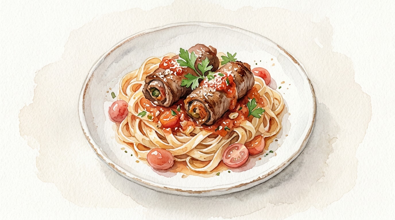Beef Involtini in Grape Tomato Sauce with Fettuccine