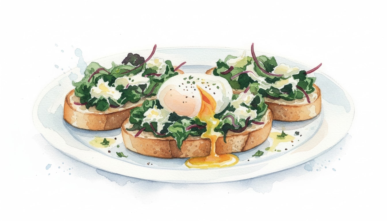 Beet Greens Bruschetta with Poached Egg and Fontina