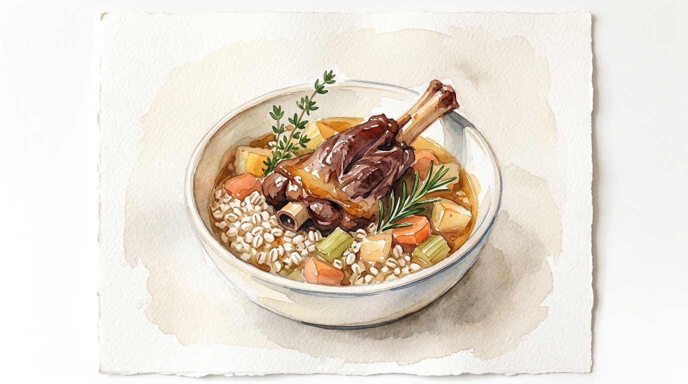 Braised Lamb Shanks with Pearl Barley and Root Vegetables