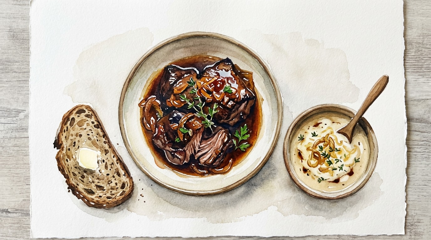 Braised Pork Cheeks with Creamy Onion Soup and Porter Soda Bread