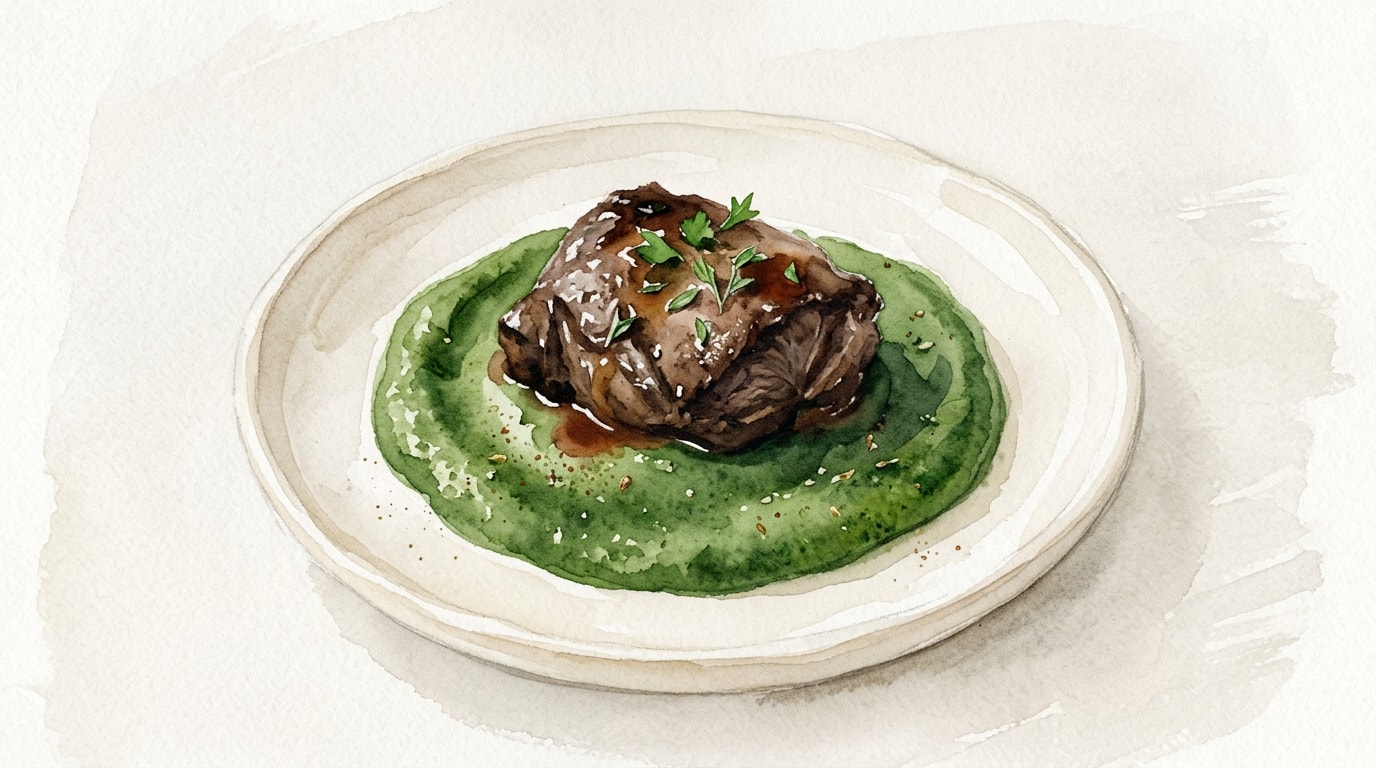 Braised Veal Cheeks with Cardamom Spinach Puree