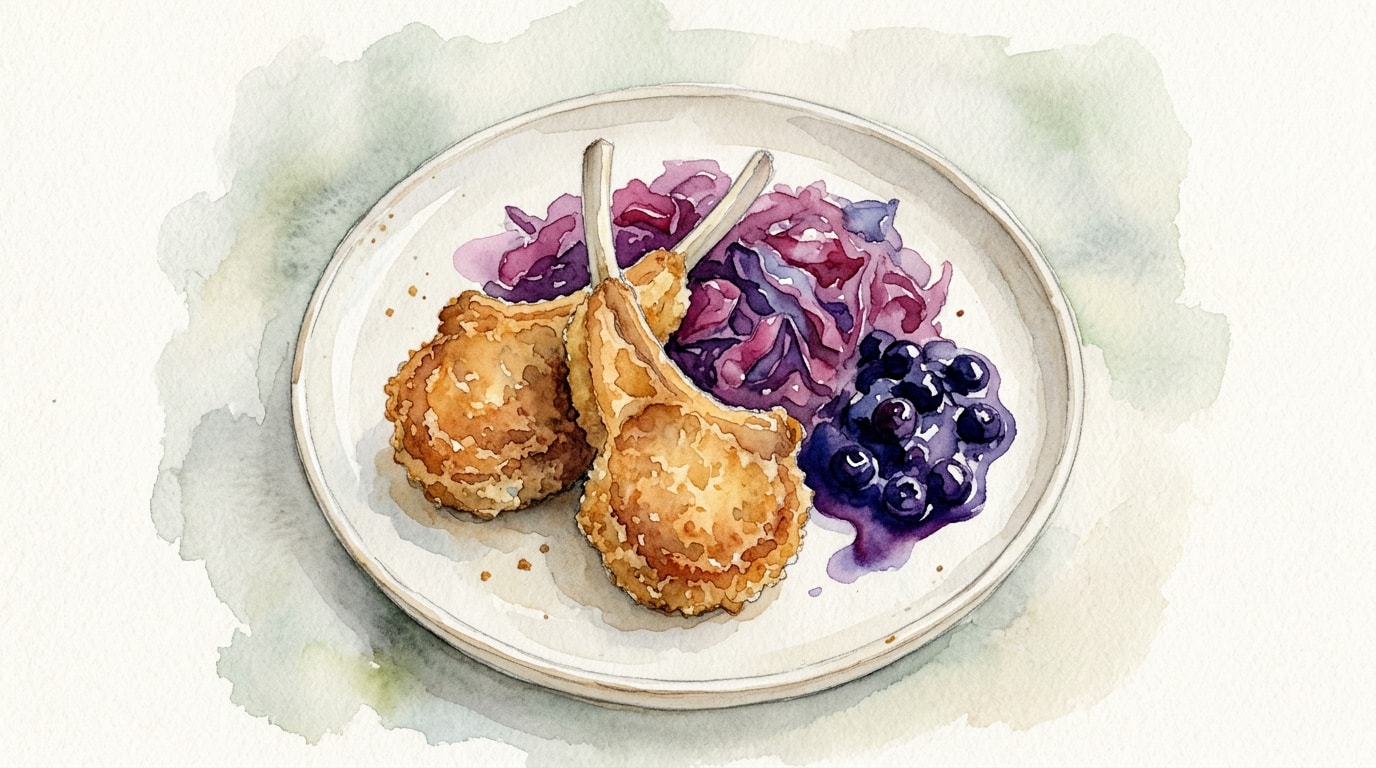 Breaded Icelandic Lamb Chops with Braised Red Cabbage and Blueberry Compote