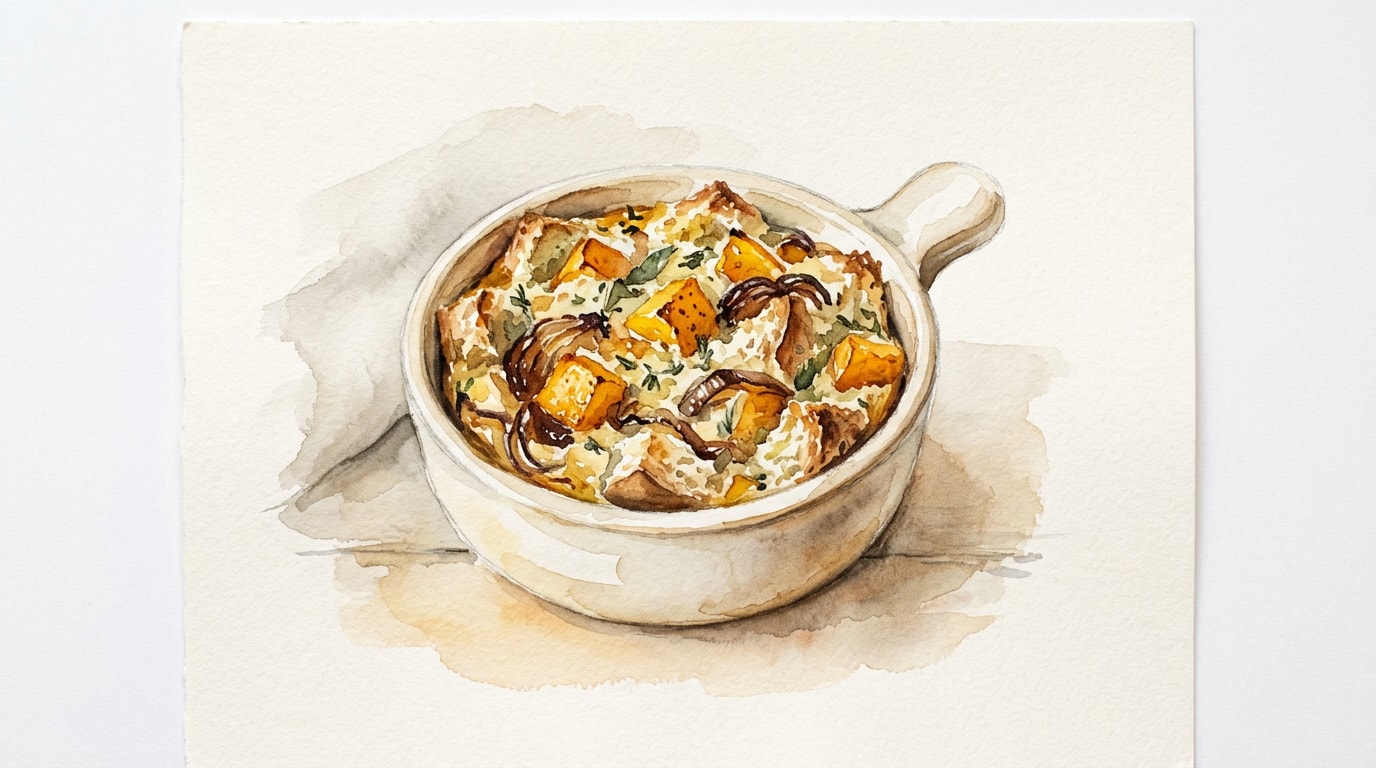 Caramelized Onion and Winter Squash Savory Bread Pudding
