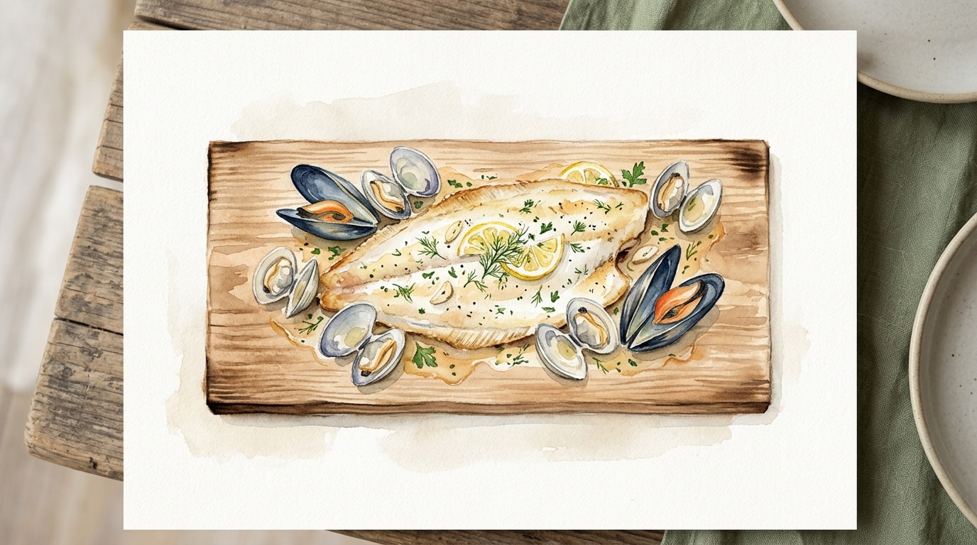 Cedar Plank Dover Sole with Mussels and Clams