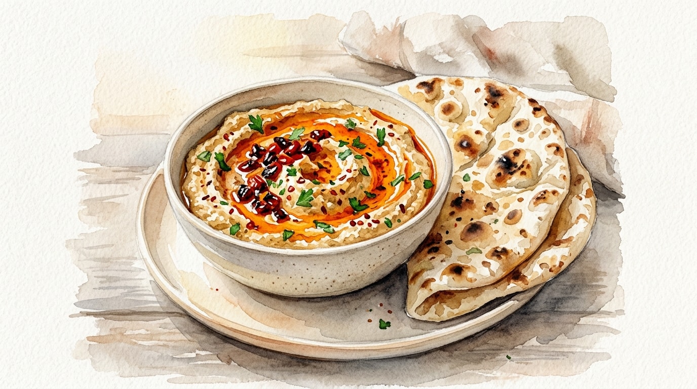 Chargrilled Chili Hummus with Warm Skillet Flatbread