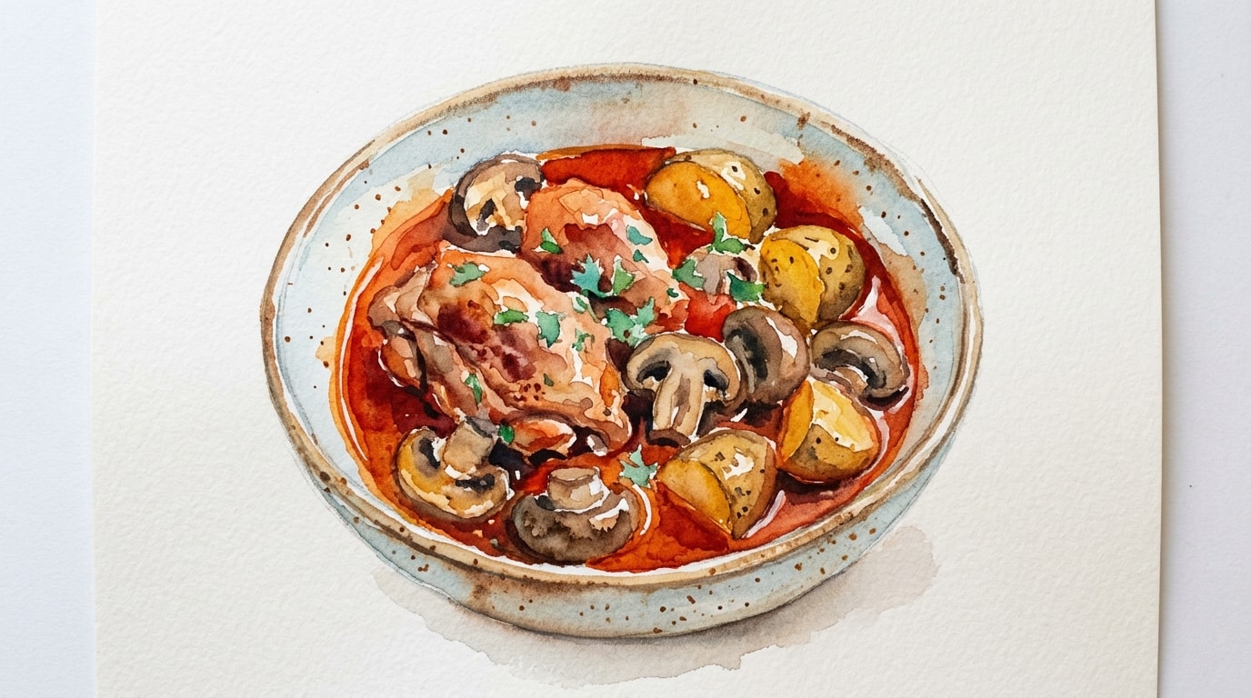 Chicken Braised in Red Chile with Potatoes and Mushrooms