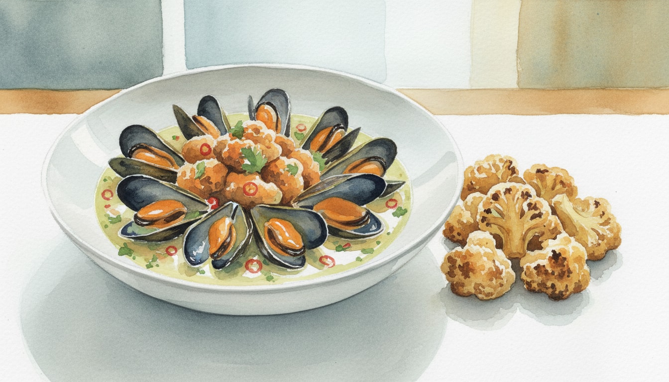 Chili-Lime Steamed Mussels with Roasted Cauliflower