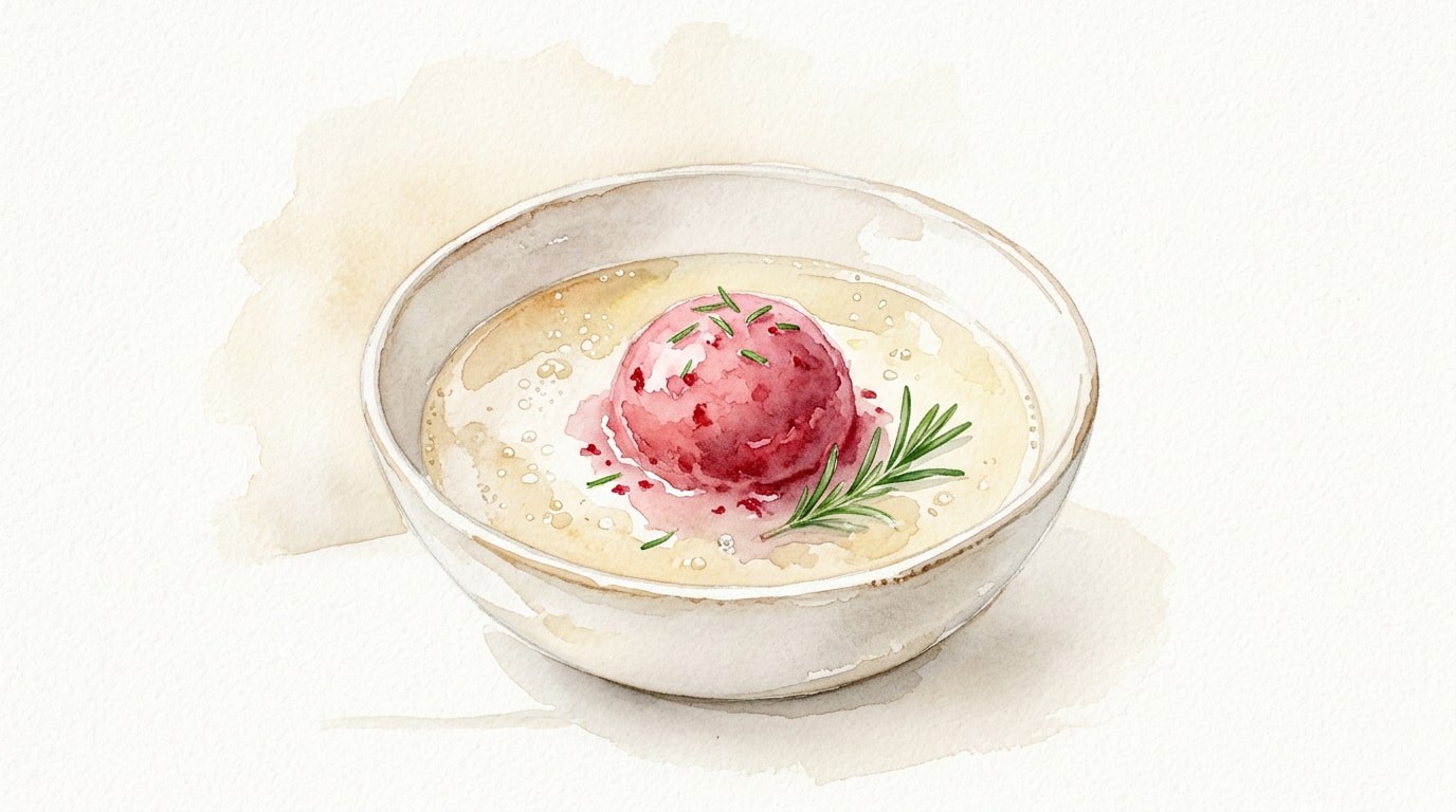 Chilled Champagne Soup with Raspberry-Rosemary Sorbet