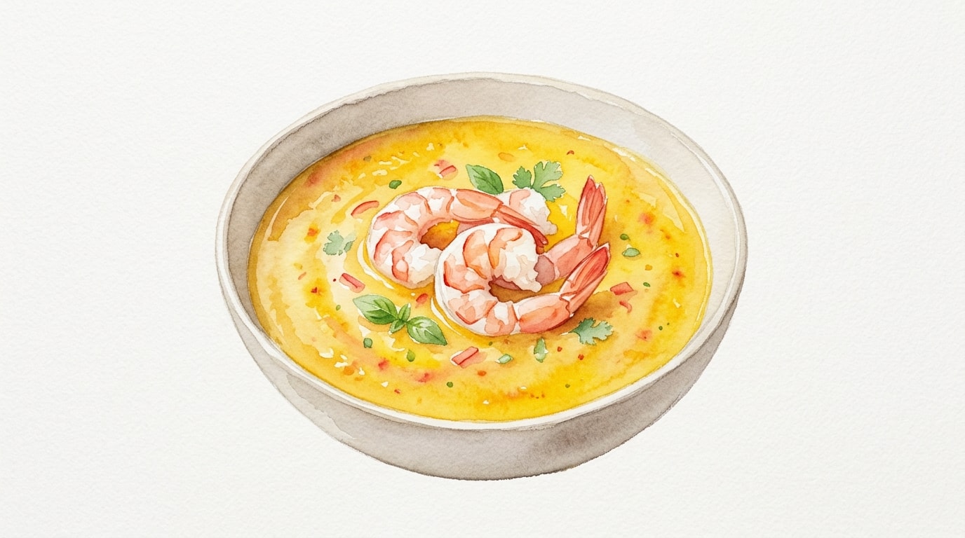Chilled Yellow Tomato and Tropical Mango Gazpacho with Poached Shrimp
