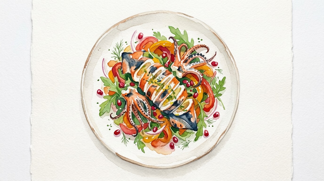 Citrus-Grilled Squid with Roasted Pepper and Pomegranate Salad