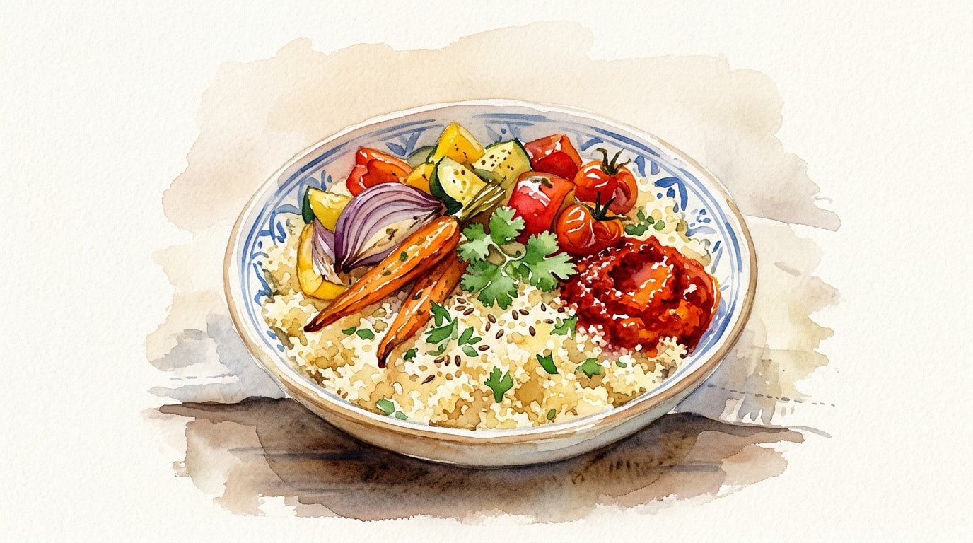 Classic Moroccan Couscous with Roasted Vegetables and Harissa