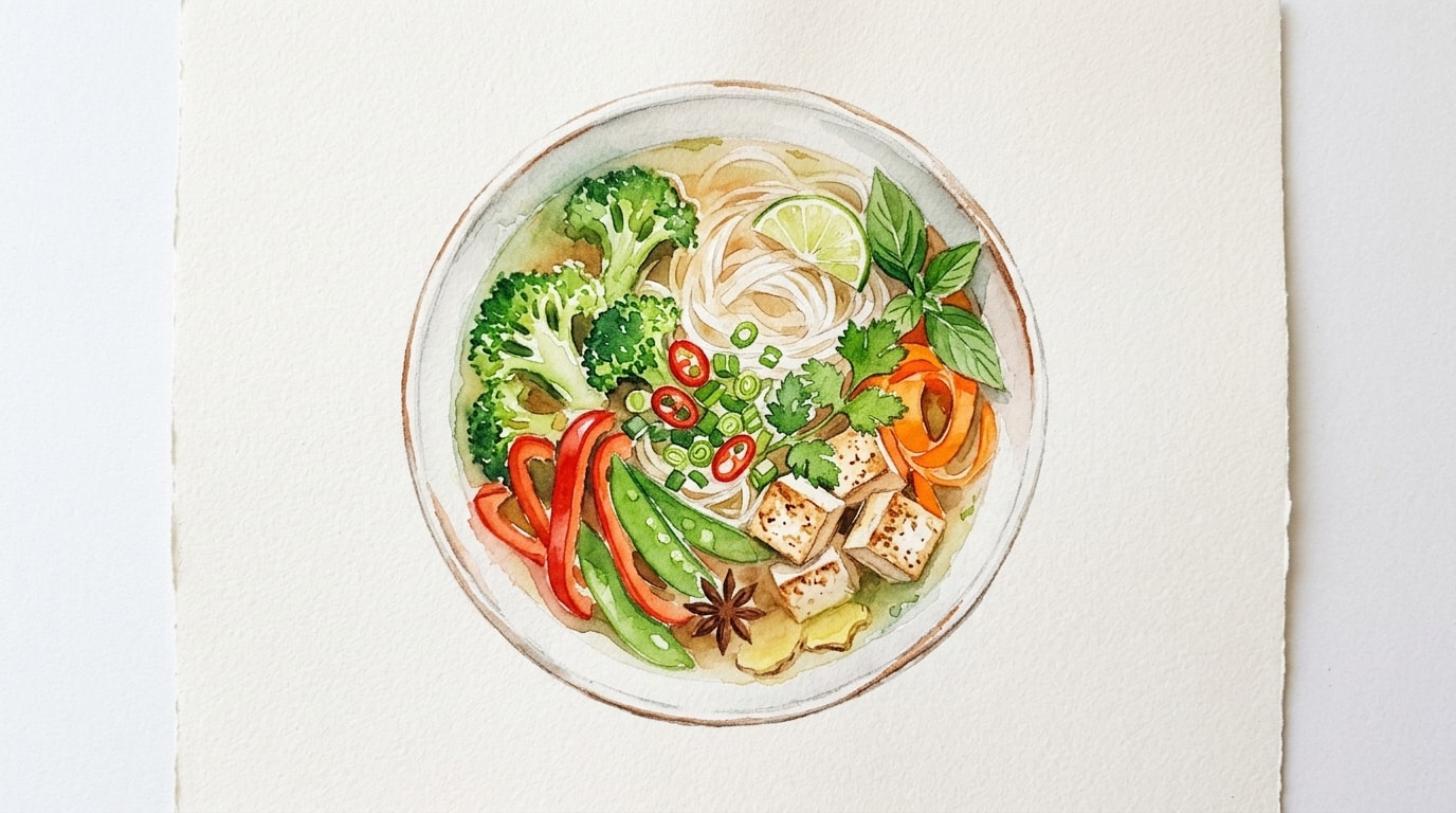 Colorful Vegetarian Pho with Tofu and Broccoli