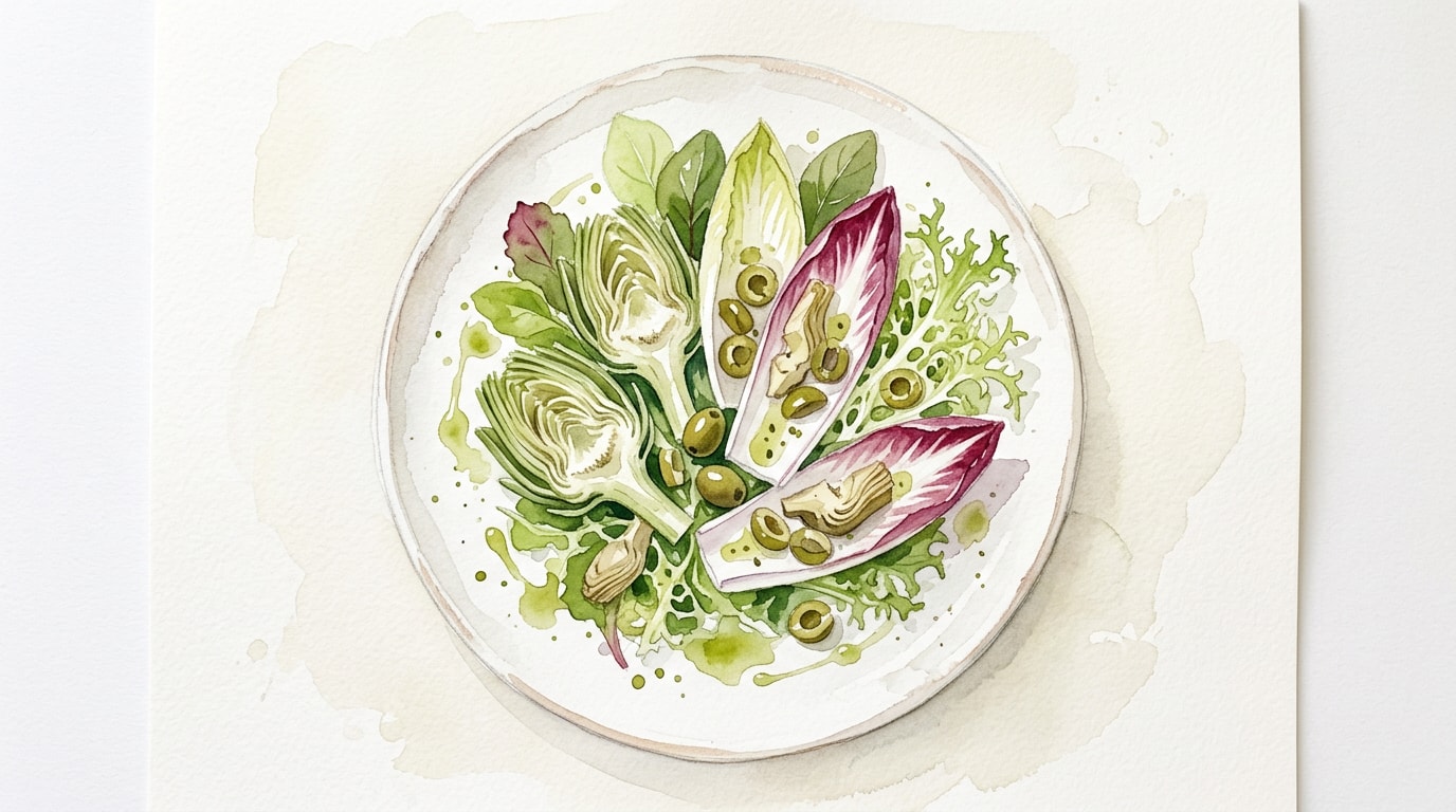 Composed Artichoke and Chicory Salad with Green Olive Vinaigrette