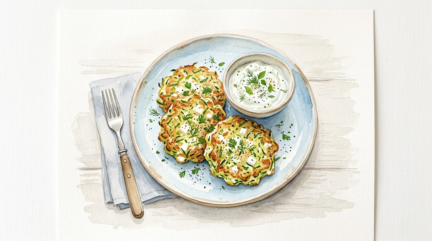 Courgette and Feta Fritters with Herbed Yoghurt Dip