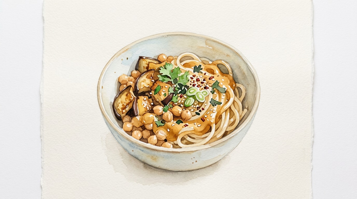 Creamy Cashew Caramelized Eggplant and Chickpea Noodle Bowl