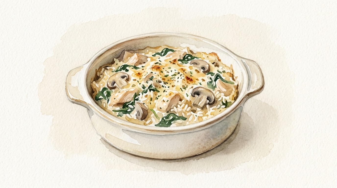Creamy Chicken, Mushroom, and Spinach Rice Casserole