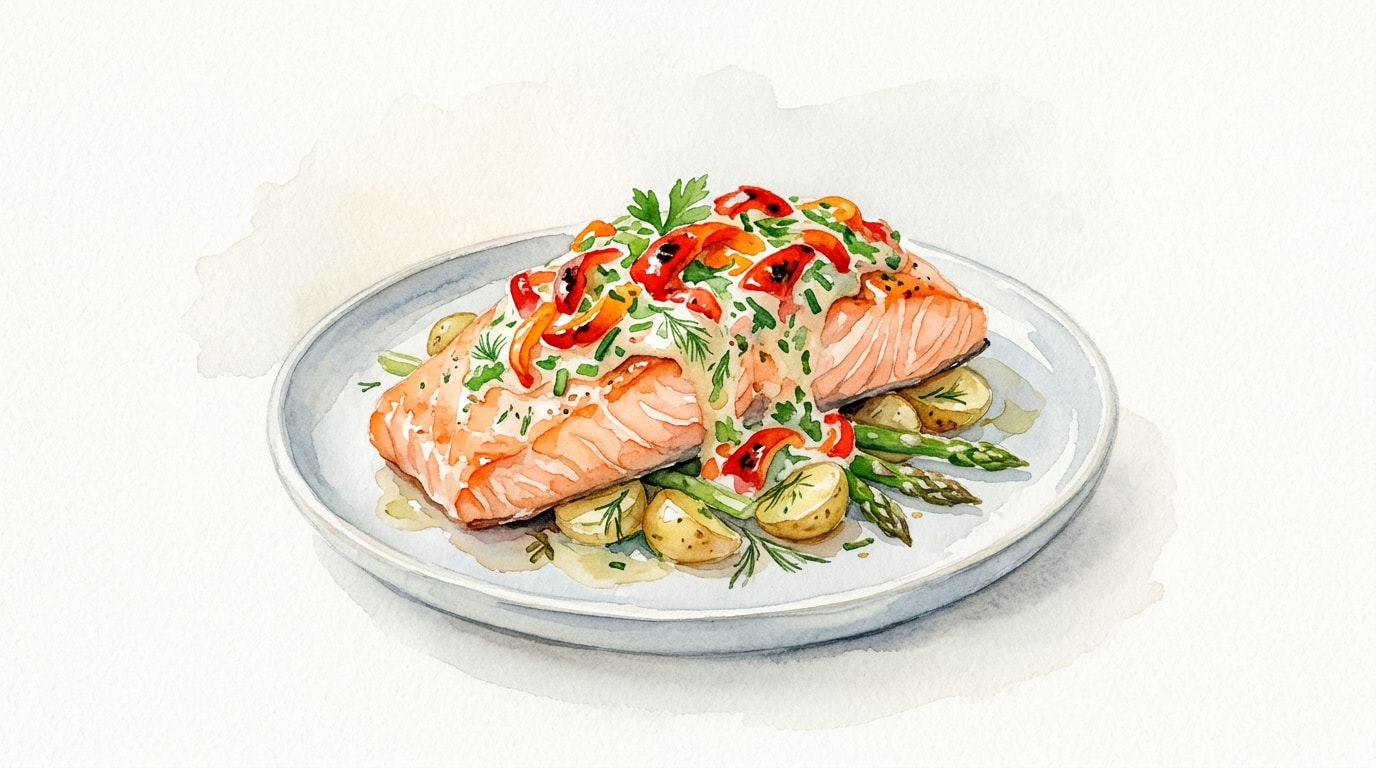 Creamy Herb and Roasted Pepper Topped Salmon