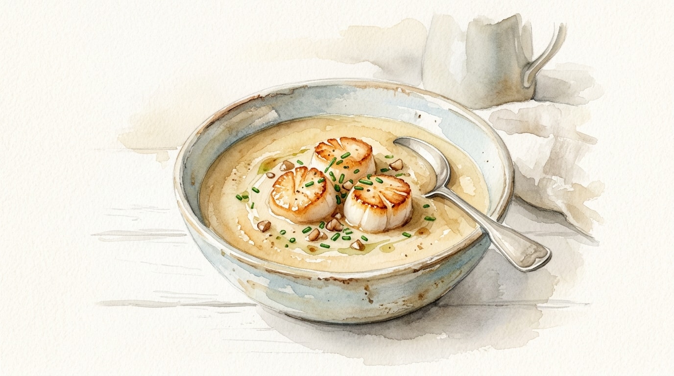 Creamy Parsnip and Chestnut Soup with Seared Scallops