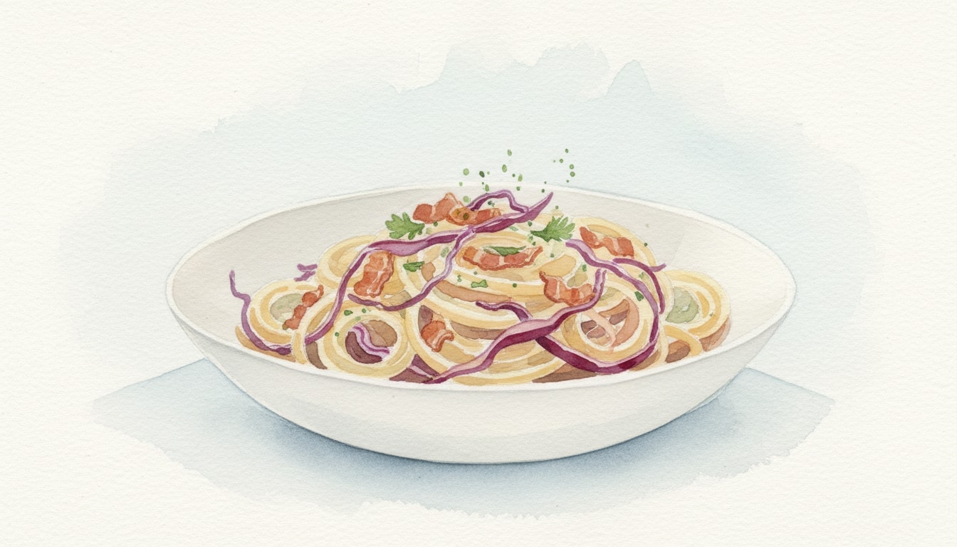 Creamy Pasta with Bacon and Red Cabbage