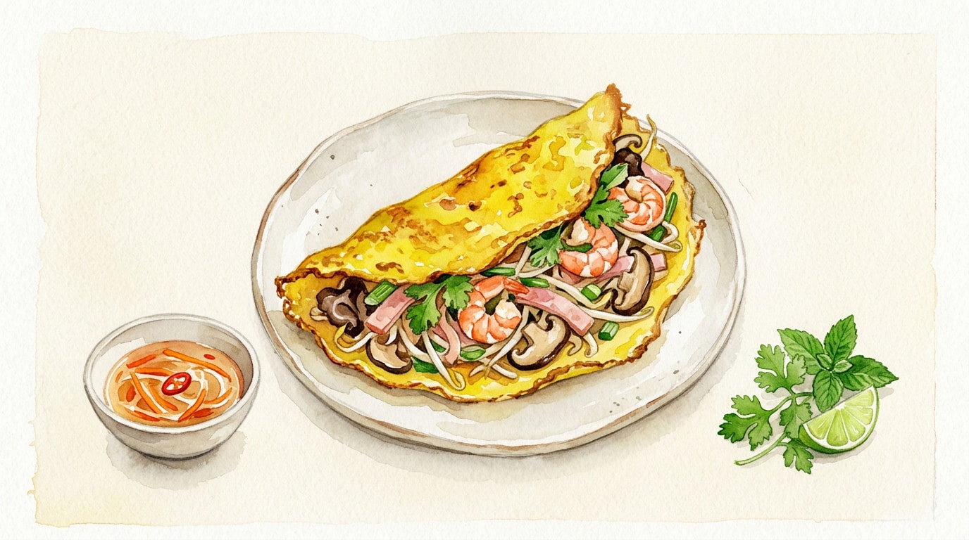 Crispy Banh Xeo with Shrimp, Ham, and Mushroom