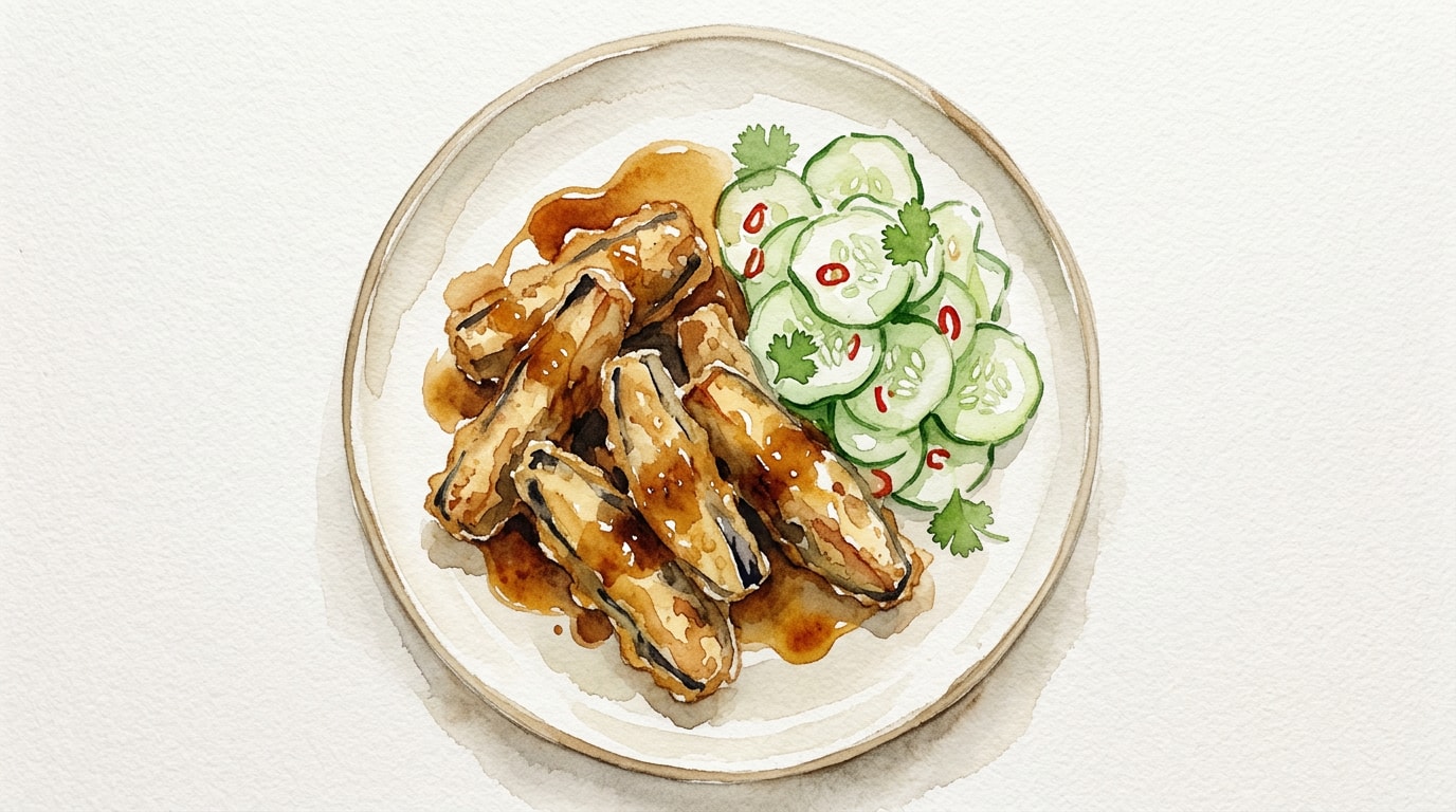 Crispy Fried Aubergine with Pickled Cucumber and Rich Miso Dressing
