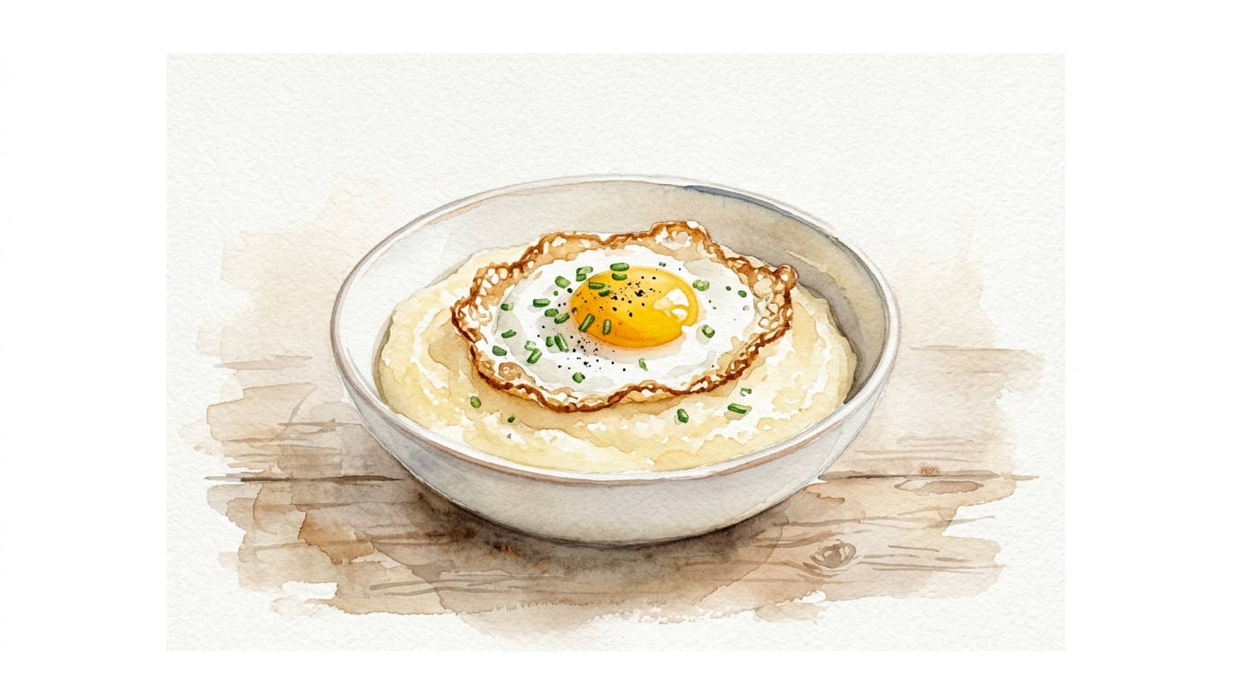 Crispy Fried Eggs Over Creamy Parmesan Polenta