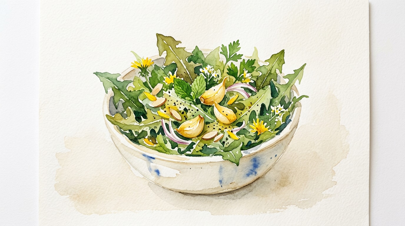 Dandelion Green Salad with Garlic Confit Dressing
