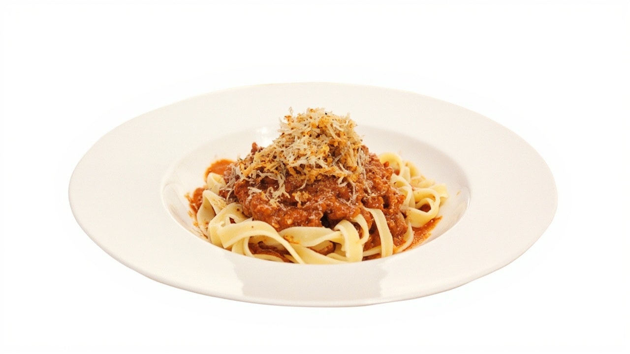 Fettuccine with Classic Bolognese, Crispy Pangrattato, and Parmesan