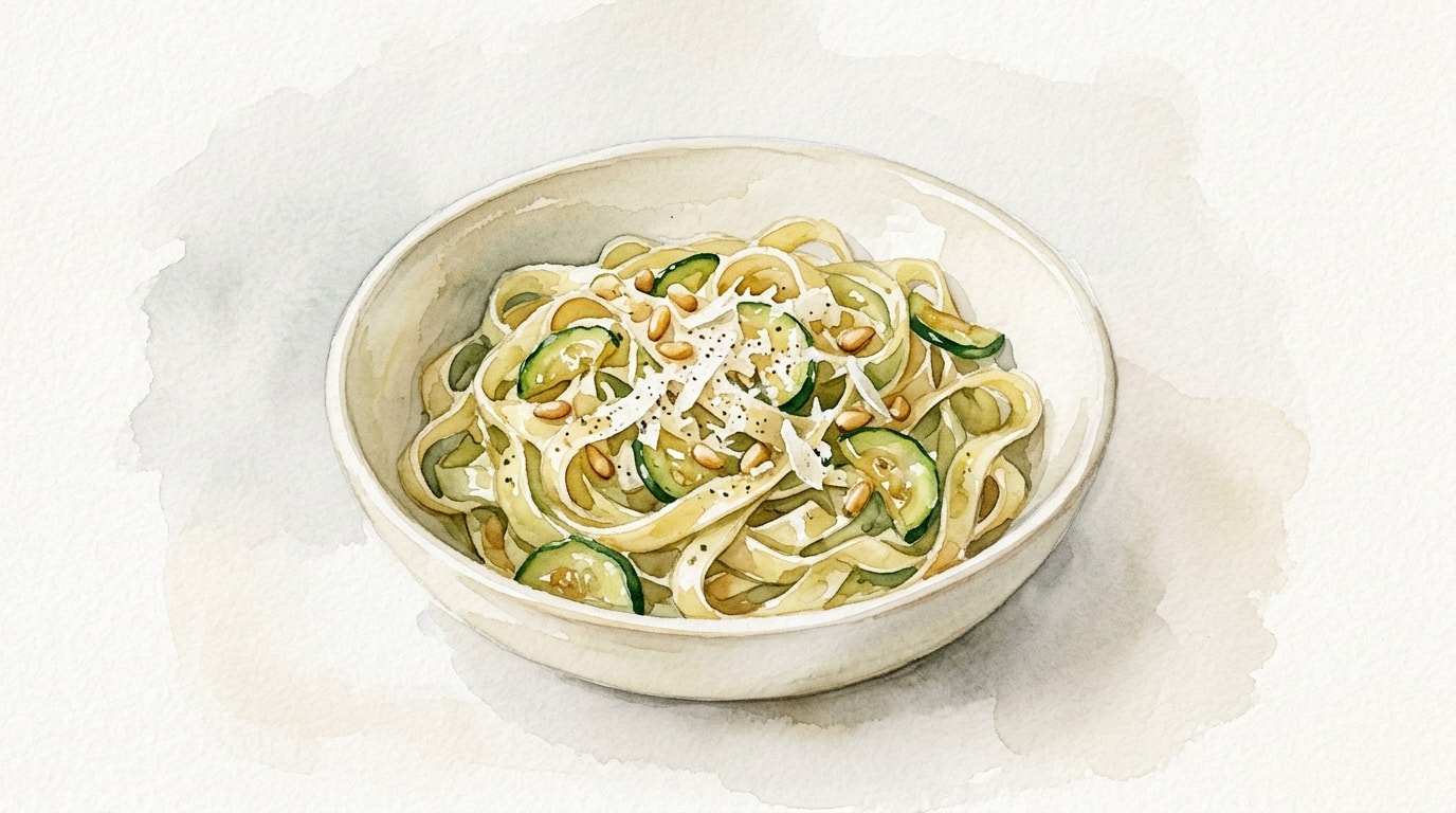 Fettuccine with Sautéed Zucchini, Pine Nuts, and Grana Padano