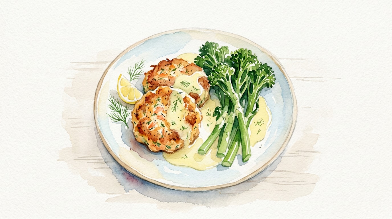 Flaky Salmon Cakes with Tenderstem Broccoli and Lemon Beurre Blanc