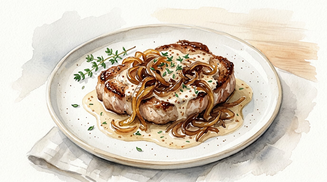 French Onion Pork Chops with Mustard Creme Fraiche