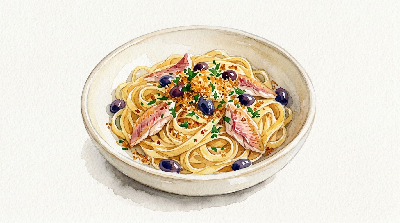Fresh Tagliarini with Red Mullet, Olives, and Crispy Breadcrumbs