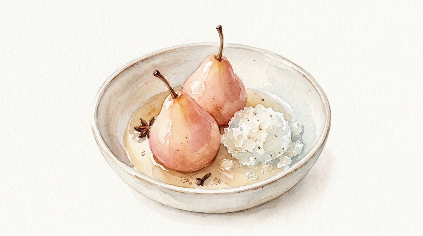 Gewurztraminer Poached Seckel Pears with Clove Granita