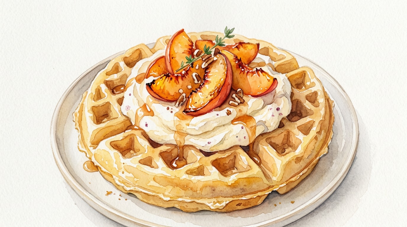 Giant Gluten-Free Waffle with Cheesecake Mousse & Caramelized Peaches