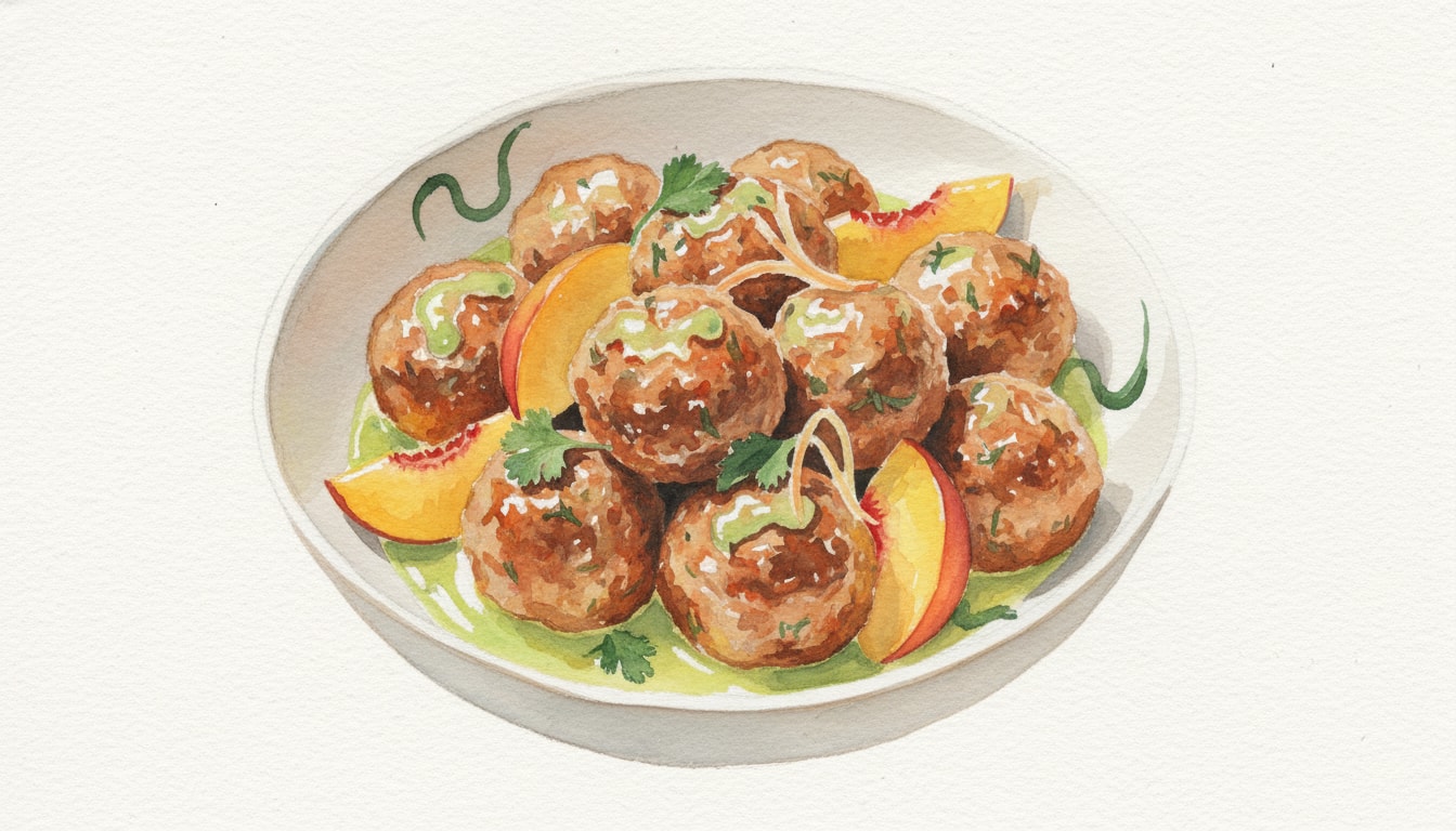 Gingery Pork Meatballs with Lime-Glazed Peaches