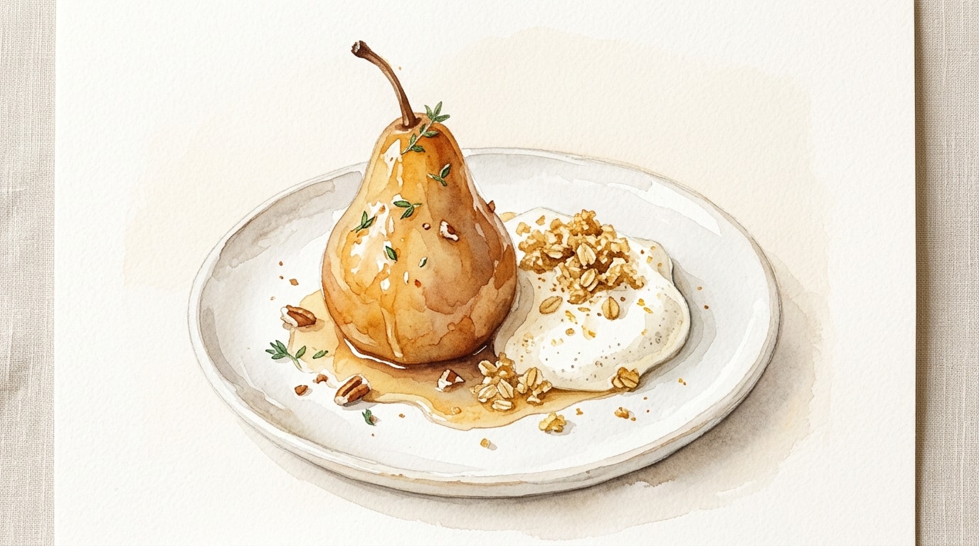 Glazed Bosc Pears with Oat Crisp and Pear Brandy Syllabub