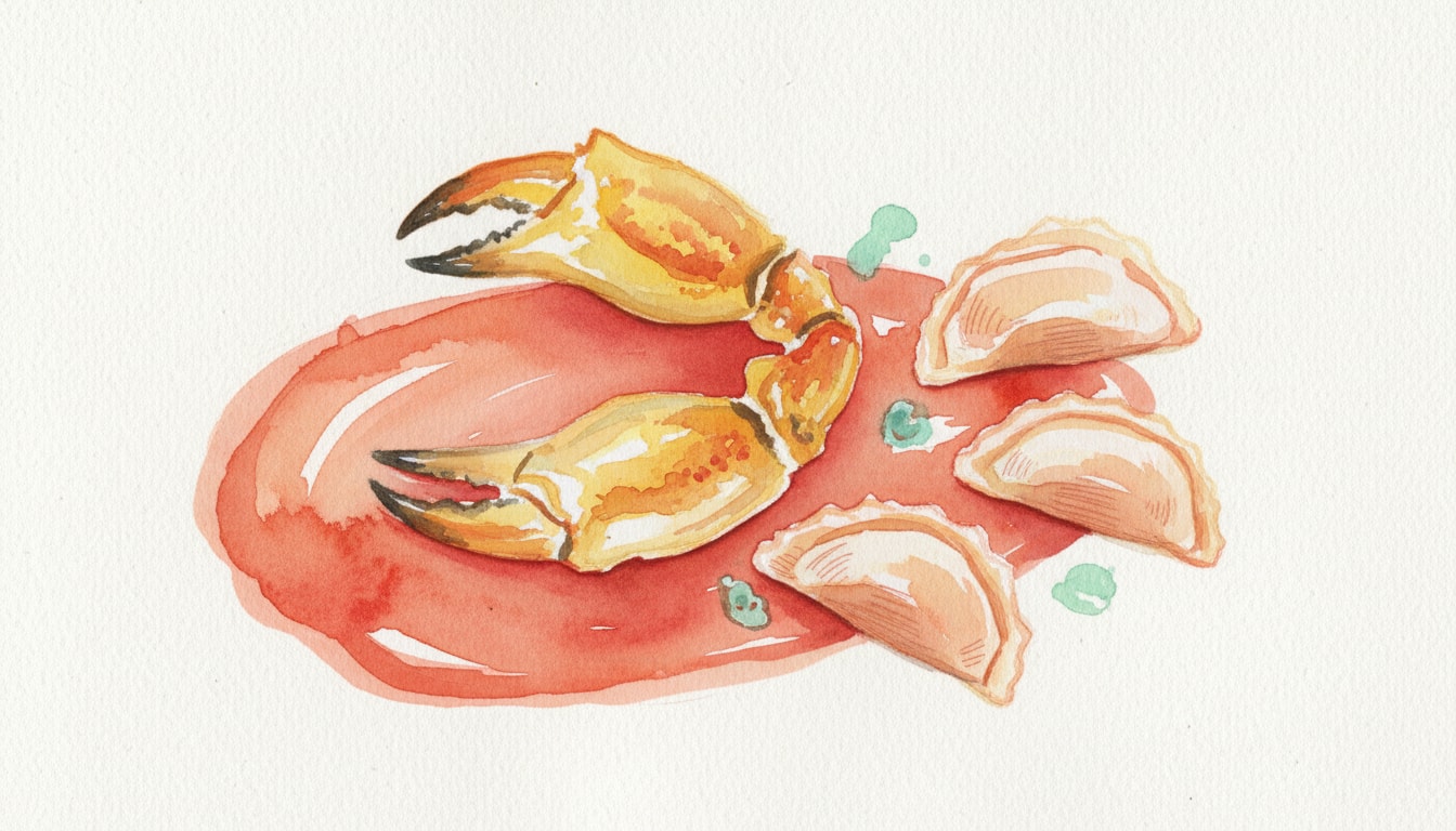 Golden Crab Claws with Bisque Reduction and Prawn Ravioli