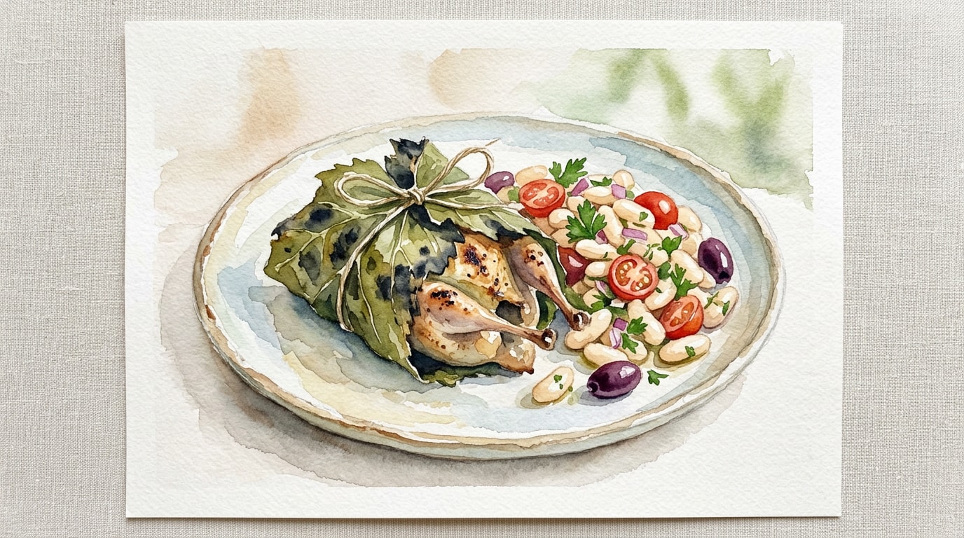 Grape Leaf-Wrapped Grilled Quail with White Bean Salad