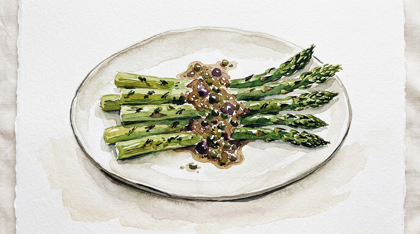 Grilled Asparagus with Miso-Olive Tapenade Dressing