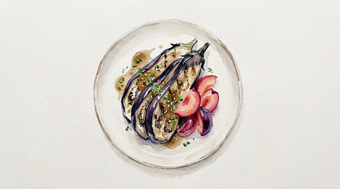 Grilled Aubergine with Pickled Plums and Miso Vinaigrette