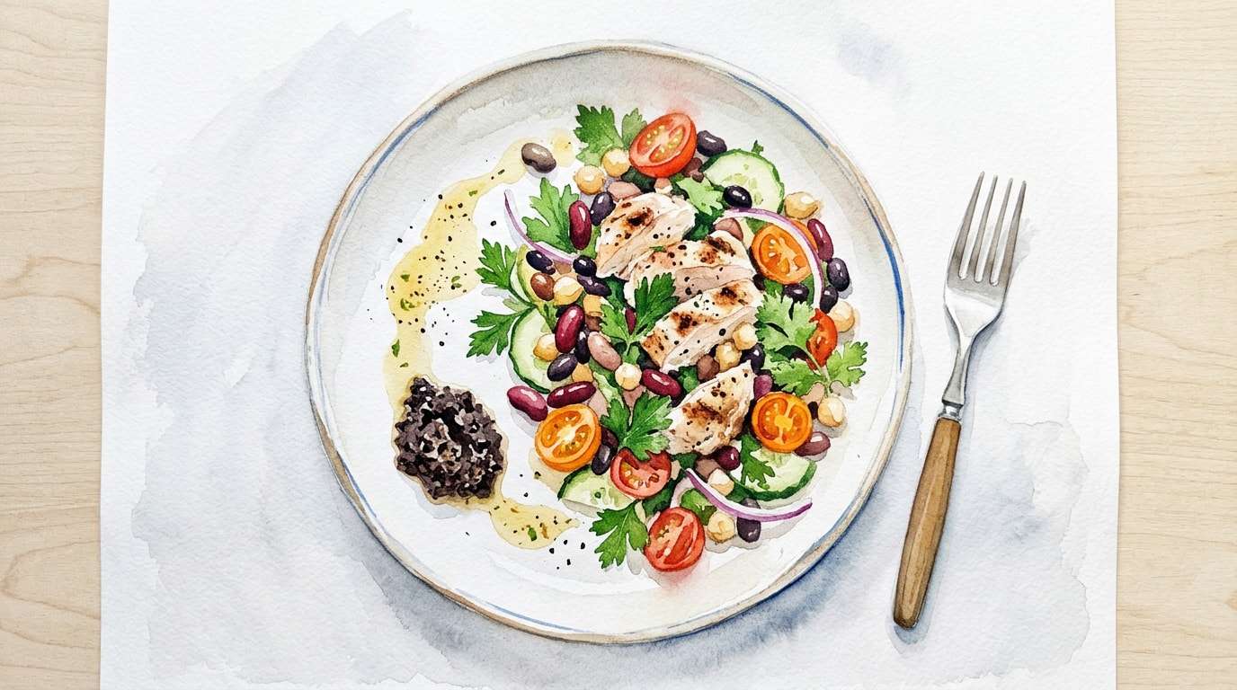 Grilled Chicken and Bean Salad with Lemon Vinaigrette and Olive Paste