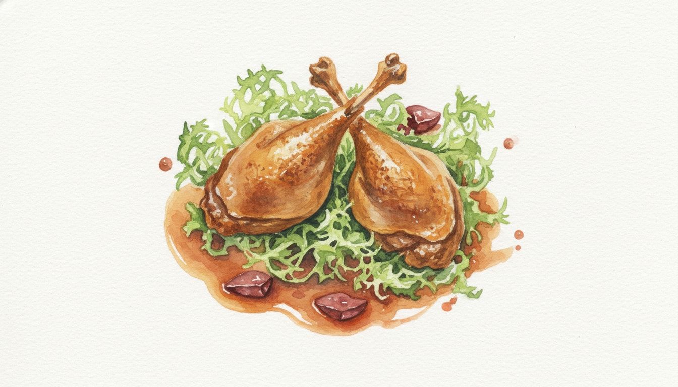 Grilled Confit-Style Duck Legs with Frisée & Warm Liver Vinaigrette