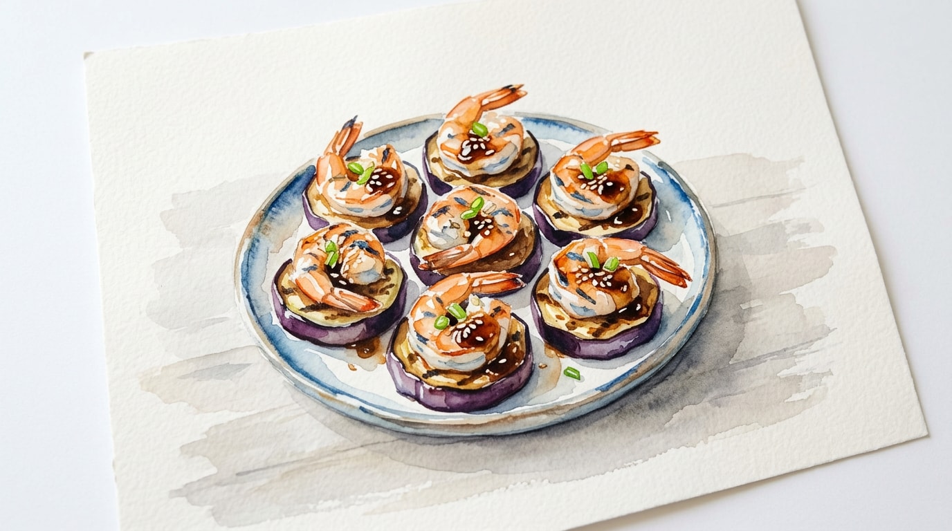 Grilled Eggplant and Jumbo Shrimp Bites with Hoisin Glaze