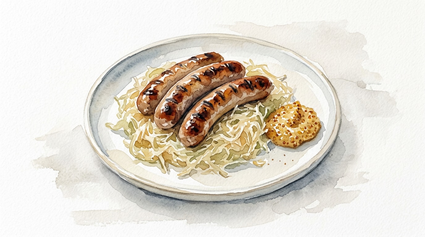 Grilled German Bratwurst with Sauerkraut and Mustard