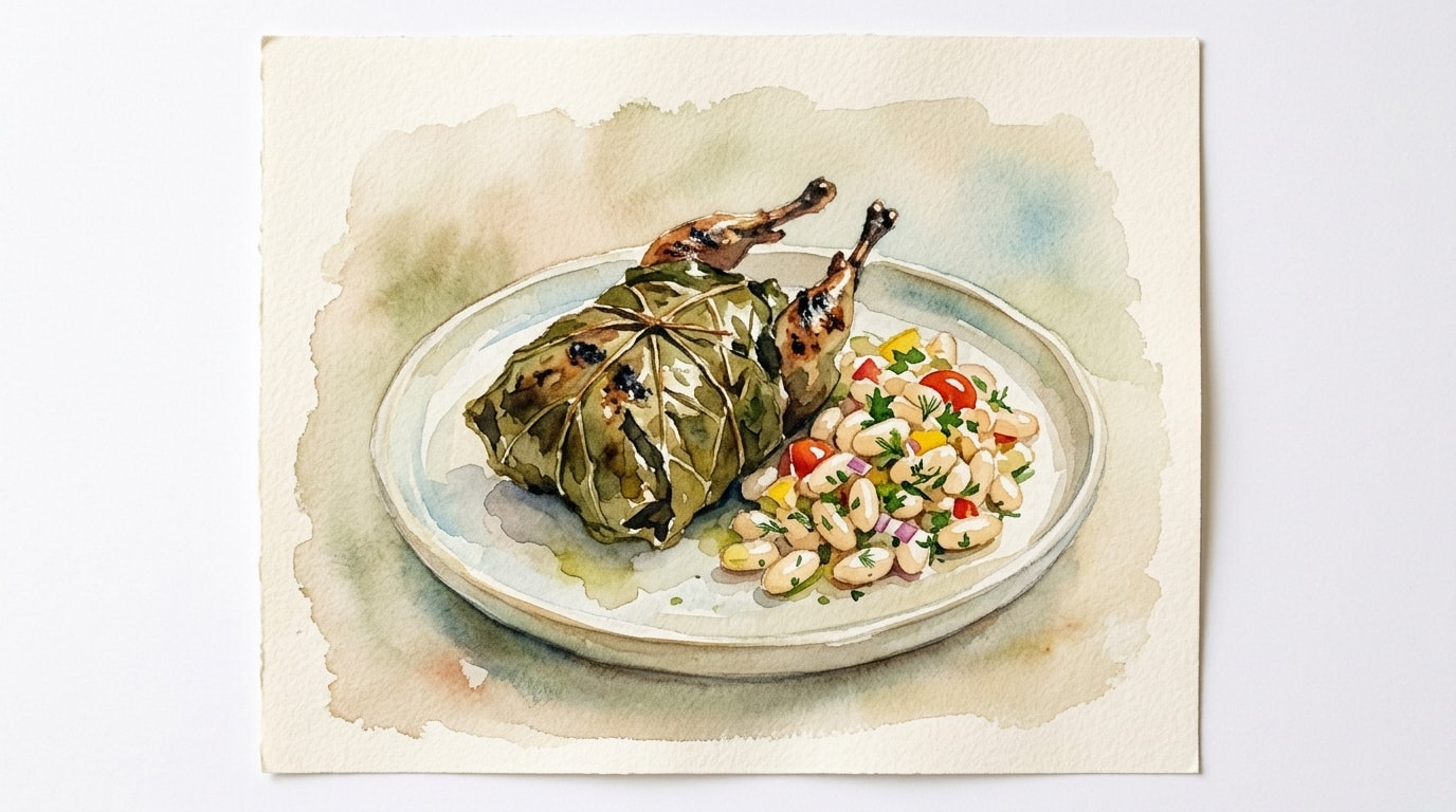 Grilled Grape Leaf-Wrapped Quail With White Bean Salad
